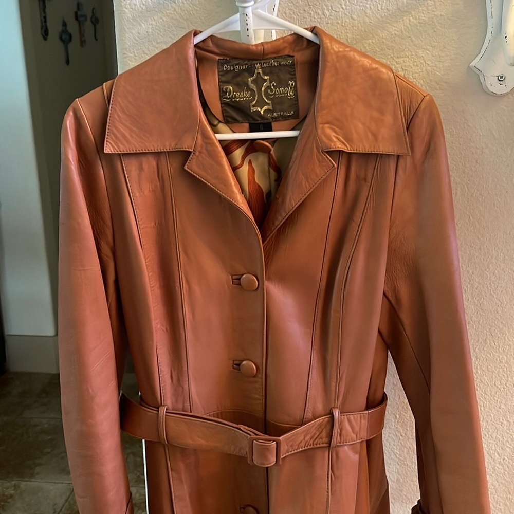 Leather long coat.